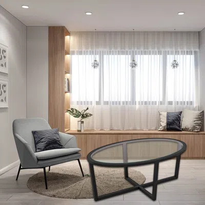 Hivvago Glass-top Oval Coffee Table With Acacia Wood Legs And X-shaped Support In Black