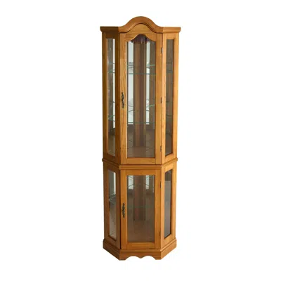 Hivvago Golden Oak Scallop Top Lighted Corner Curio Cabinet In Brown