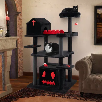 Hivvago Gothic Cat Tree 49 Inch Tall Cat Tower 6-tier Cat Activity Center With Coffin Bed In Black