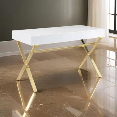 Hivvago Gracie 47 Inch Desk, White Rectangular Top, 2 Drawers, Gold Metal Legs