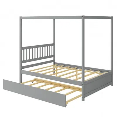 Hivvago Gray Full Size Canopy Platform Bed With Twin Roller Trundle Bed