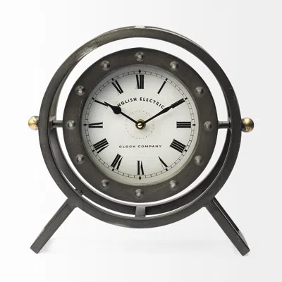 Hivvago Gray Metal Circular Desk Table Clock With Rivet Detail Frame In Black