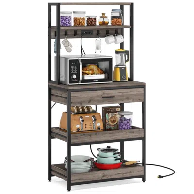 Hivvago Grey Modern Baker's Rack Kitchen Shelving Unit With Pull-out Shelves And Drawer In Brown