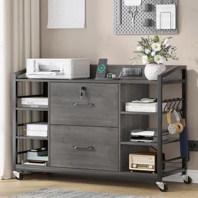 Hivvago Grey Printer Stand Bookcase Power Station Mobile Office File Cabinet In Gray