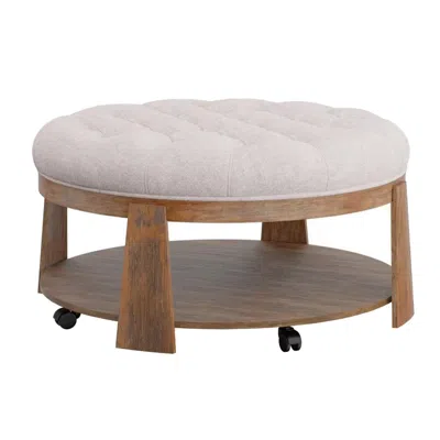 Hivvago Gus 41 Inch Ottoman Coffee Table, Button Tufted Beige Fabric, Brown Wood