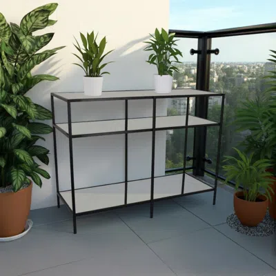 Hivvago Gwen Plant Stand With 3 Mirrored Shelves, Black Metal Frame 40 Inch