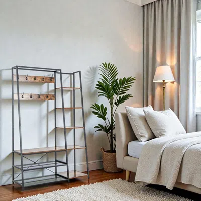 Hivvago Hallway Storage Bench Tree With 9 Hooks And 5-way Organization System In Black