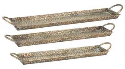 Hivvago Hammered Metal Tray With Washed Finish And Handles (set Of 3) In Brown