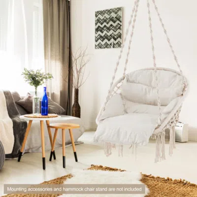 Hivvago Hammock Chair With Thick Cushion & Macrame Holds Up To 330 Lbs-beige In Neutral