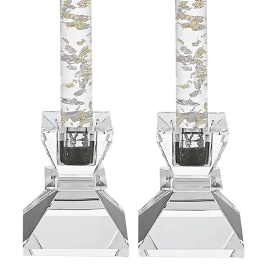 Hivvago Hand Crafted Crystal Pair Of Handcrafted Candle Holders In Silver
