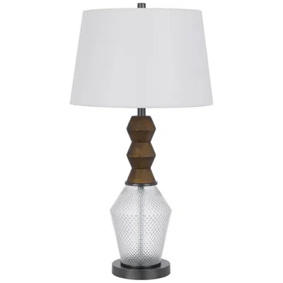 Hivvago Hay 33 Inch Table Lamp, Diamond Pattern Glass Base, White Fabric Shade
