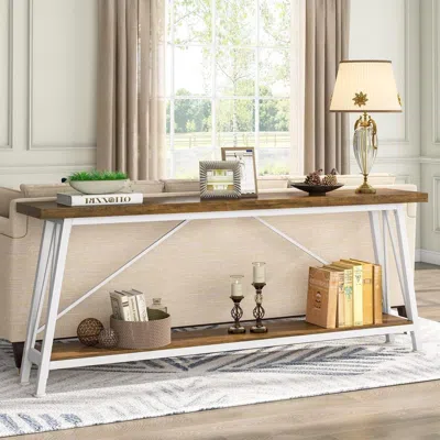 Hivvago Heavy Duty 70-inch Industrial Brown Wood Top Sofa Table With White Metal Frame