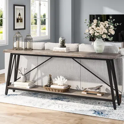 Hivvago Heavy Duty 70-inch Industrial Grey Wood Top Sofa Table With Black Metal Frame In Brown