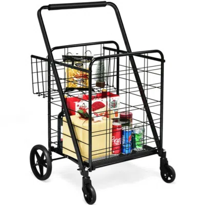 Hivvago Heavy Duty Folding Utility Shopping Double Cart-black