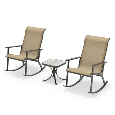 Hivvago Heavy-duty Rocking Bistro Chairs And Table Set With High Backrest And Wood-plastic Tabletop In Brown