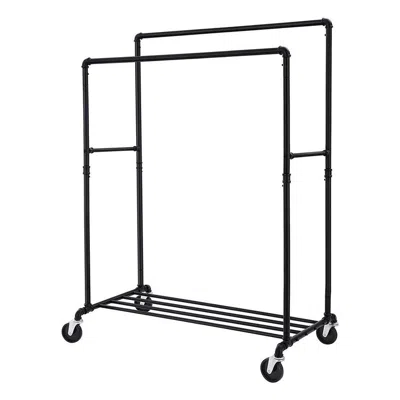Hivvago Heavy Duty Rustic Pipe Black Double-rail Clothes Garment Rack W/ Locking Wheels