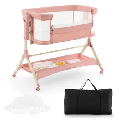 Hivvago Height Adjustable Bedside Sleeper With Storage Bag And Soft Mattress For Baby-pink
