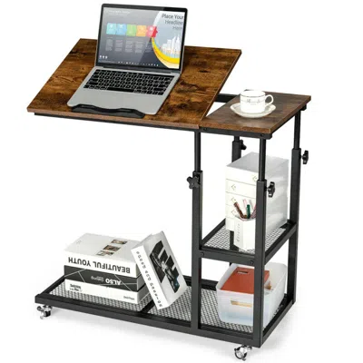 Hivvago Height Adjustable C-shaped End Table With Lockable Wheels And Tiltable Table Top In Brown