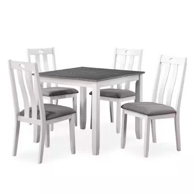 Hivvago Helio 5 Piece Dining Table And Chairs Set, White Wood, Gray Fabric Seats