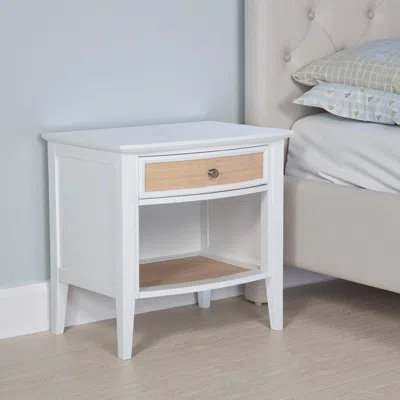 Hivvago Heo Nightstand, 1 Brown Rattan Woven Drawer, Open Shelf, White Wood