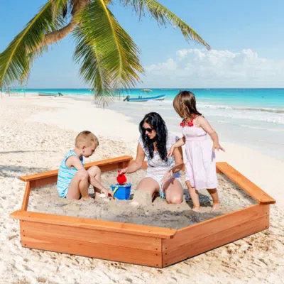 Hivvago Hexagon Wooden Cedar Sand Box With Seat Boards In Burgundy