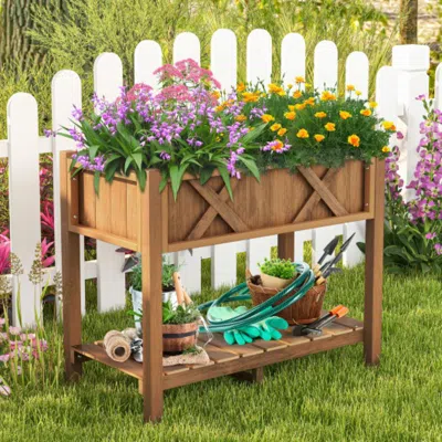 Hivvago Hips Raised Garden Bed Poly Wood Elevated Planter Box-coffee In Brown