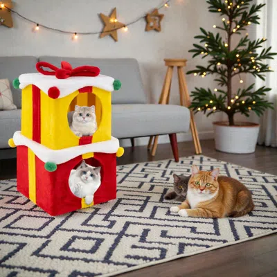Hivvago Holiday-themed Cat Houses In Gift Box Shape With Ribbon Bow, Set Of 2 In Multi