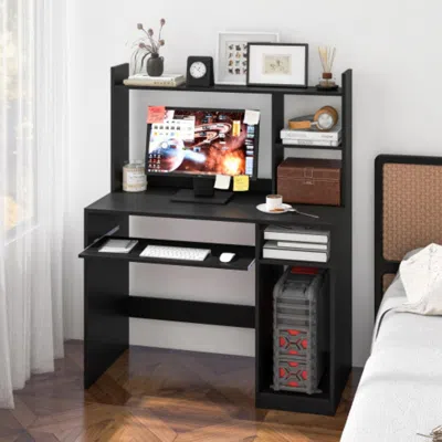Hivvago Home Office Computer Desk With Bookcase Keyboard Tray And Cpu Stand-black