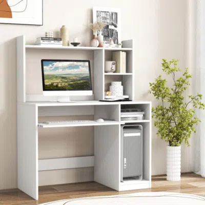 Hivvago Home Office Computer Desk With Bookcase Keyboard Tray And Cpu Stand-white