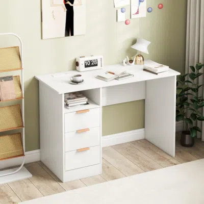 Hivvago Home Office Desk With Power Outlet 3 Storage Drawers And Open Compartment-white