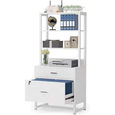 Hivvago Home Office Lockable 2 Drawer Filing Cabinet Bookshelf In White Wood Finish