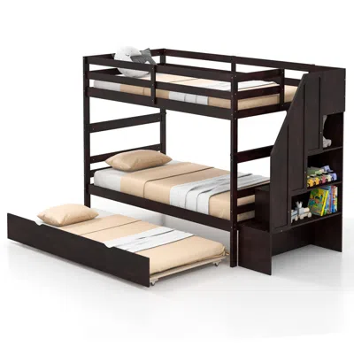 Hivvago Home Wood Bunk Bed With Guard Rail And 4-step Storage Stairs No Box Spring Needed-brown