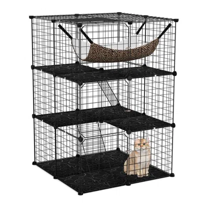 Hivvago Indoor Cat Cage 3-tier Cat Enclosure Detachable Metal Wire Kennel In Black