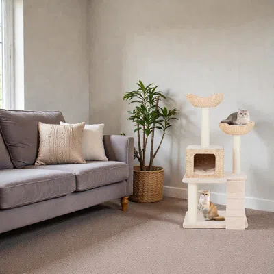 Hivvago Indoor Cattail Cat Climbing Tower With Perch, Condo, And Sisal-covered Posts In Neutral