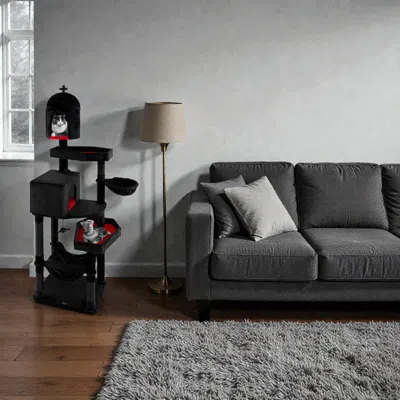 Hivvago Indoor Gothic Cat Tree Featuring 2 Cozy Condos And Unique Coffin Bed In Animal Print