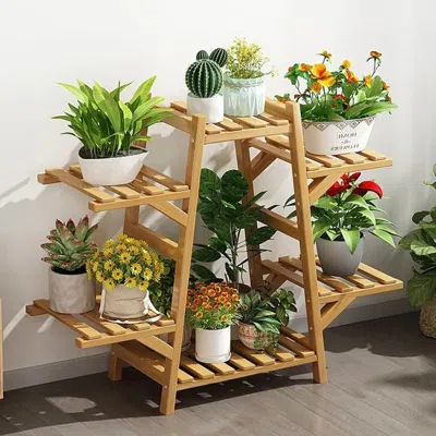 Hivvago Indoor Outdoor Bamboo Wood 6-shelf Flower Pot Plant Stand