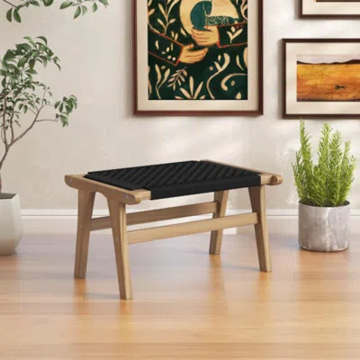 Hivvago Indoor Outdoor Ottoman Footstool Teak Wooden Foot Rest With Handwoven Cordage