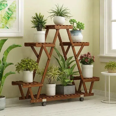 Hivvago Indoor Outdoor Solid Wood Triangular Multi-tier Plant Stand With Locking Wheels In Brown