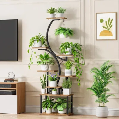 Hivvago Indoor Plant Stand With Black Metal Frame And Wood Finish Shelves