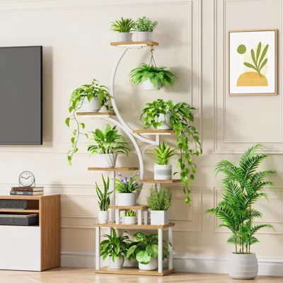 Hivvago Indoor Plant Stand With White Metal Frame And Wood Finish Shelves