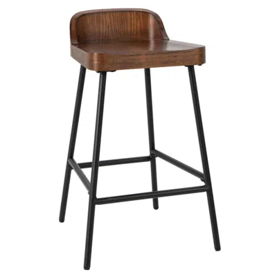 Hivvago Industrial 24.5 Inches Bar Stool With Backrest And Saddle Seat-rustic Brown