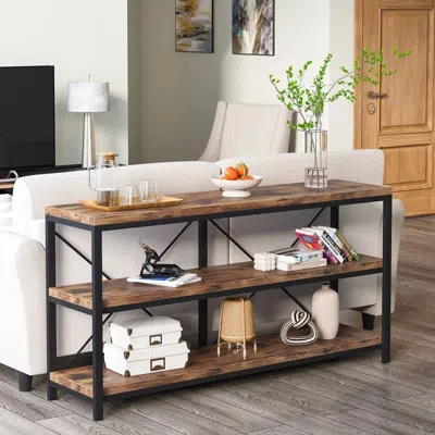 Hivvago Industrial 55-inch Wood Shelf Console Sofa Table With Sturdy Black Metal Frame In Brown