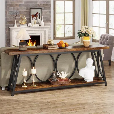 Hivvago Industrial 70-in. Brown Wood Top Console Table With Heavy Duty Black Metal Frame