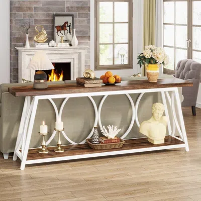 Hivvago Industrial 70-inch Brown Wood Top Sofa Table With Heavy Duty White Metal Frame