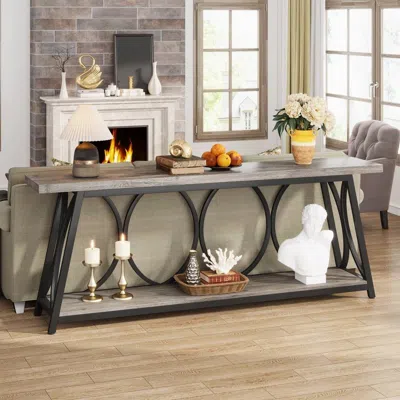 Hivvago Industrial 70-inch Grey Wood Top Sofa Table With Heavy Duty Black Metal Frame