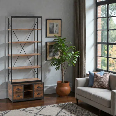 Hivvago Industrial 8-layer Bookshelf Featuring 4 Foldable Fabric Storage Drawers In Brown