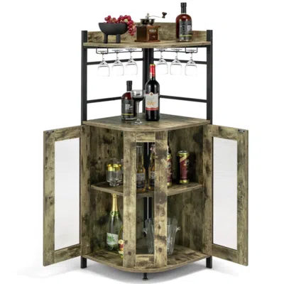 Hivvago Industrial Corner Bar Cabinet With Glass Holder And Adjustable Shelf-taupe In Brown