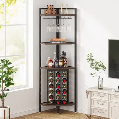 Hivvago Industrial Corner Wine Rack Storage Shelving Unit With Glass Holders In Brown