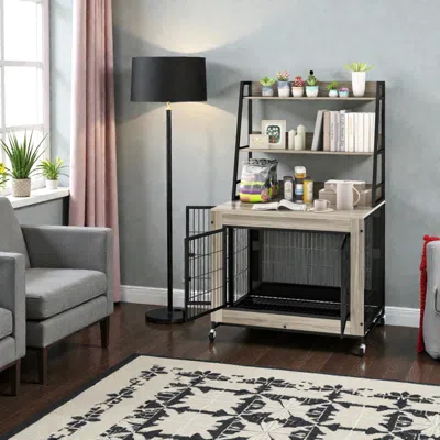 Hivvago Industrial Dog Cage Table With Integrated Multi-level Shelves - Rustic Brown In Gray