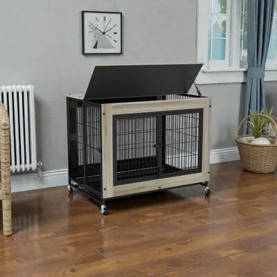 Hivvago Industrial Dog Cage With Upward-opening Lid, 3 Lockable Entrances, And Pull-out Tray - Rustic Brown In Multi